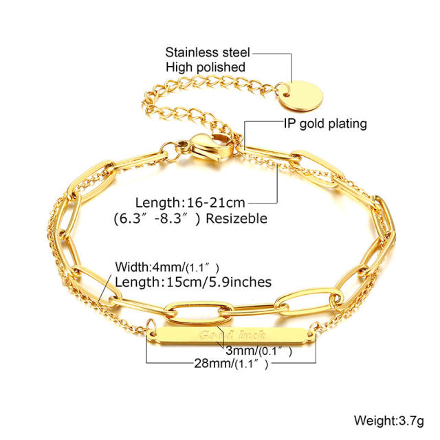 18K gold plated two layer heart charm stainless steel chain bracelet