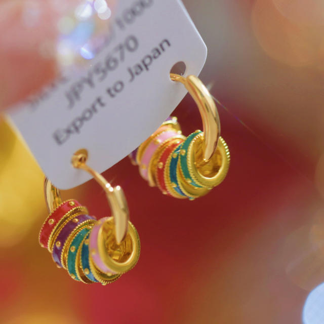 Vintage color enamel circle copper huggie earrings necklace