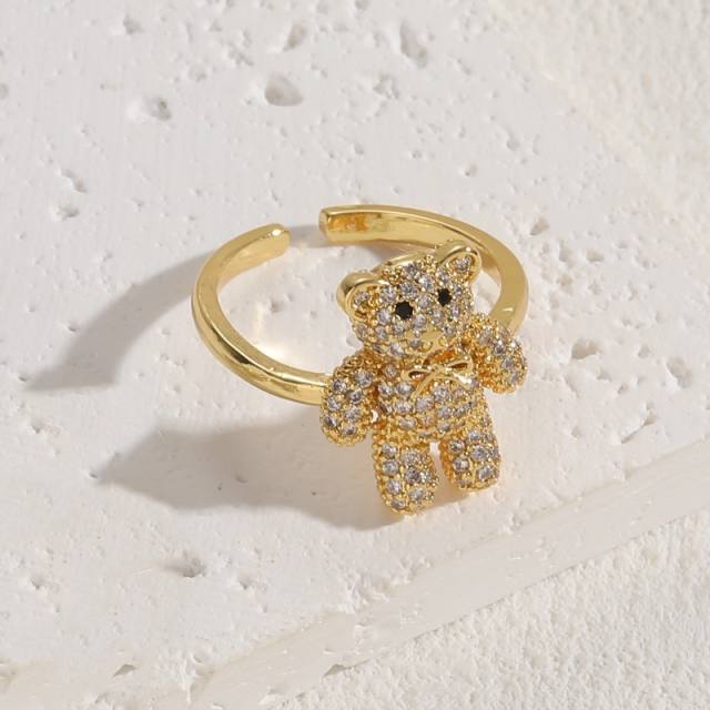 Cute full diamond teddy bear copper openning rings for women