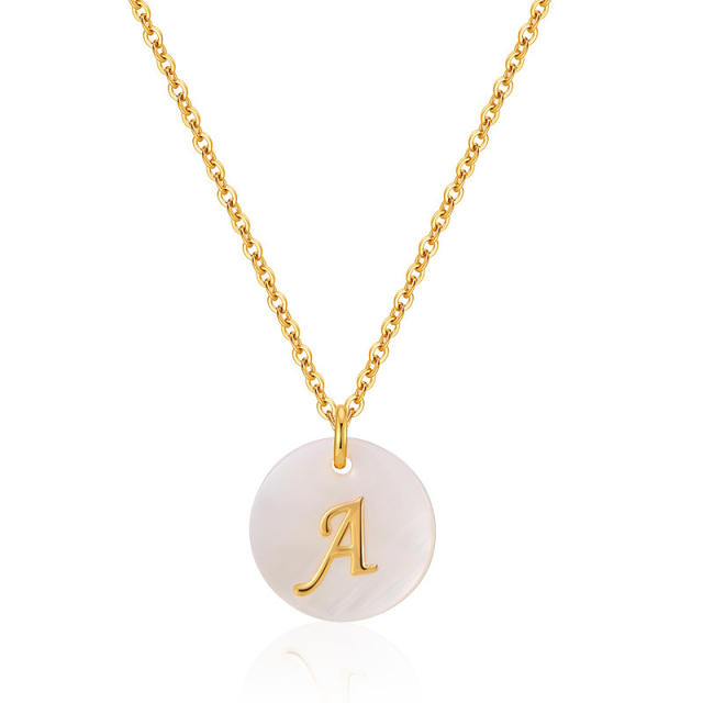 18K gold plated round shell pendant initial letter necklace