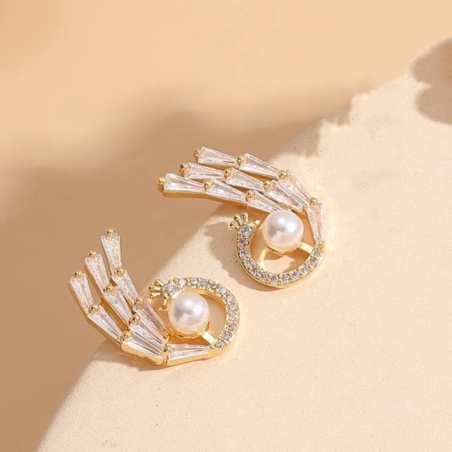 14K gold plated pearl cubic zircon setting copper earrings