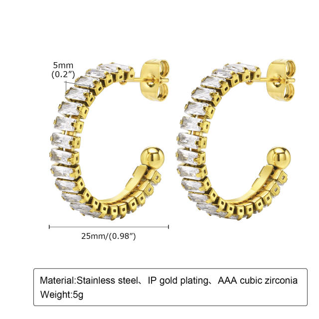 18K gold plated diamond open hoop stainless steel earrings