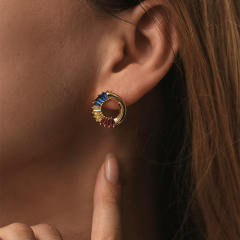 18K real gold plated rainbow cz circle copper studs earrings