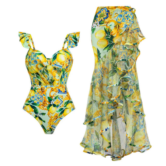 Summer yellow color lemon pattern swimsuit set