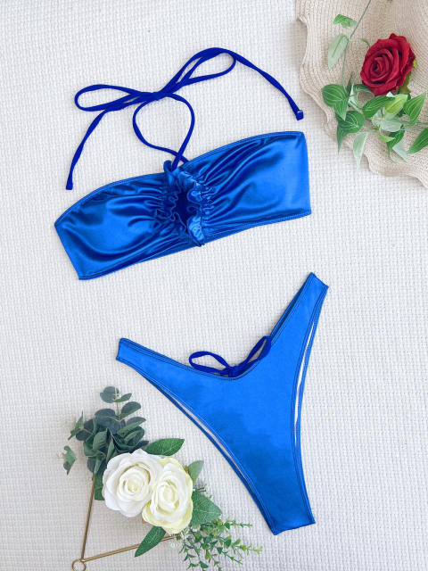Sexy plain color blue halter neck bikini swimsuit
