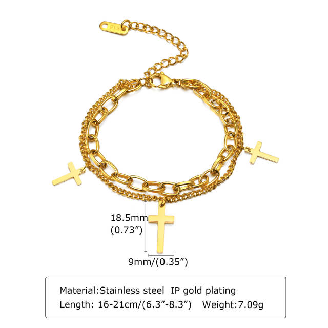 18K gold plated two layer heart charm stainless steel chain bracelet