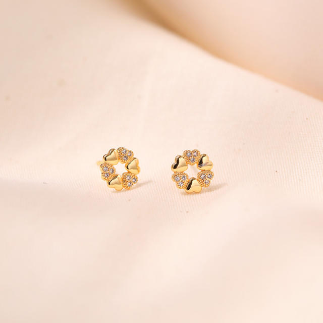 Creative sweet tiny heart circle gold plated copper studs earrings