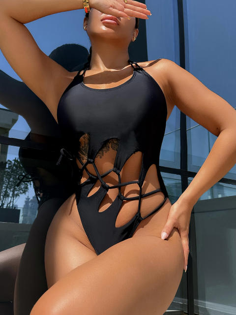 Plain color black color strappy sexy one piece swimsuit