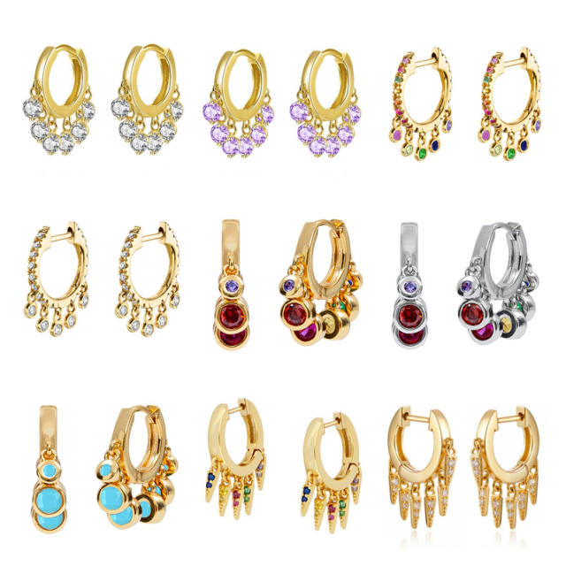 Personality colorful cubic zircon tassel gold plated copper huggie earrings
