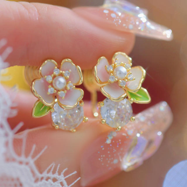 French trend enamel flower cubic zircon women earrings