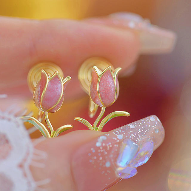 French sweet pink color enamel tulip copper studs earrings clip on earrings