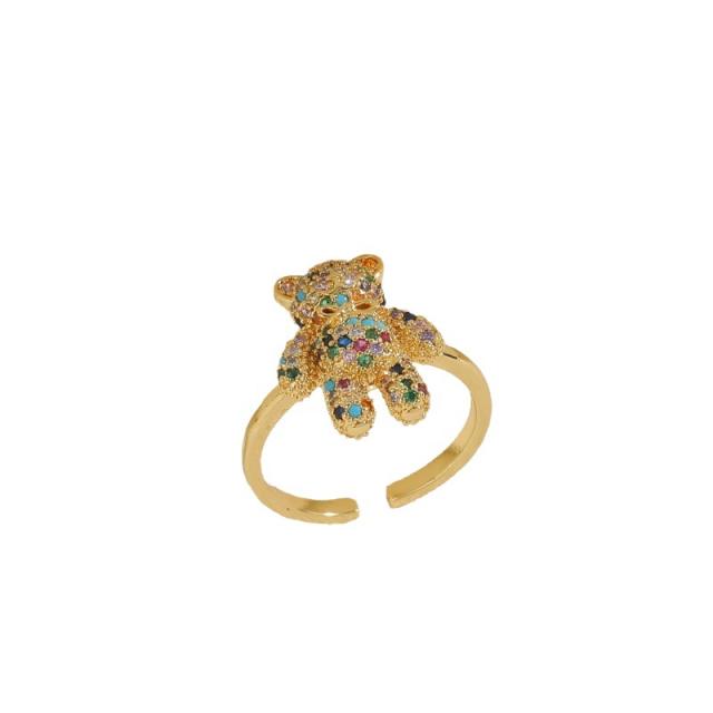 Cute full diamond teddy bear copper openning rings for women