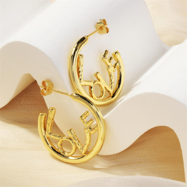 LOVE letter real gold plated copper open hoop earrings