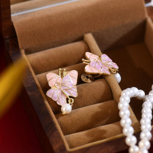 Sweet pink color enamel butterful pearl drop women earrings clip on earrings