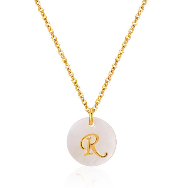 18K gold plated round shell pendant initial letter necklace