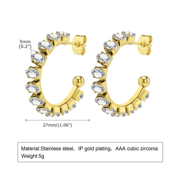 18K gold plated diamond open hoop stainless steel earrings