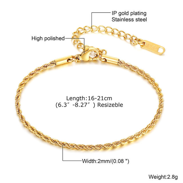 18K rope chain stainless steel bracelet