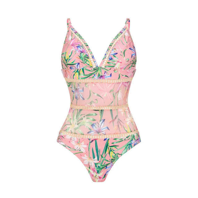 New arrival pink color floral pattern ruffles swimsuit set