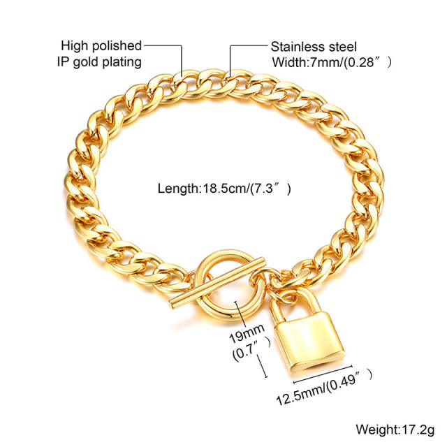 Chunky cuban link chain padlock heart stainless steel bracelet