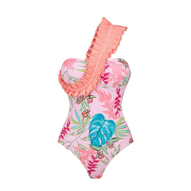 Deep V neck sweet floral pattern ruffles swimsuit set