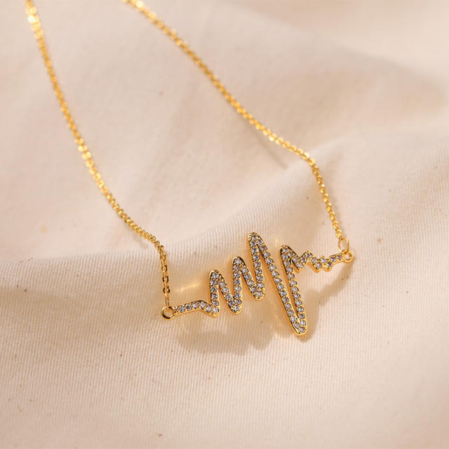 18K real gold plated diamond heartbeat copper dainty necklace