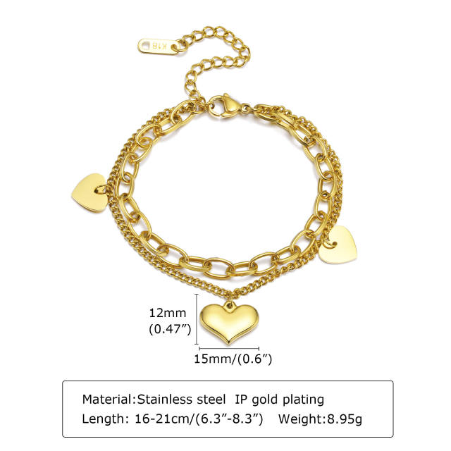 18K gold plated two layer heart charm stainless steel chain bracelet