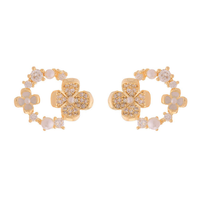 French trend diamond flower circle copper studs earrings