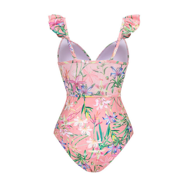 New arrival pink color floral pattern ruffles swimsuit set