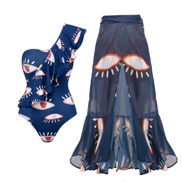 Navy blue color evil eye pattern swimsuit set