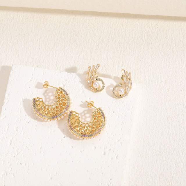 14K gold plated pearl cubic zircon setting copper earrings