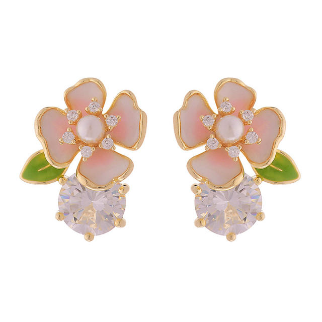 French trend enamel flower cubic zircon women earrings