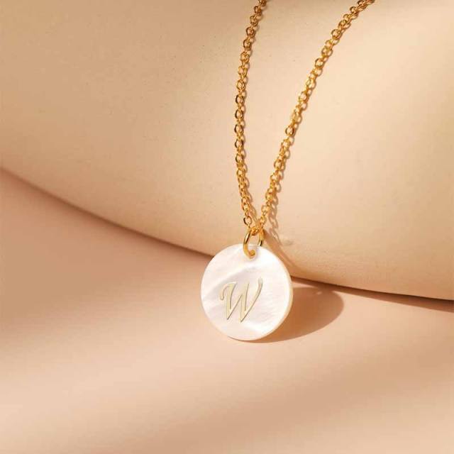 18K gold plated round shell pendant initial letter necklace