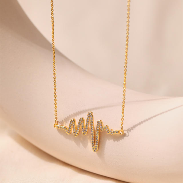 18K real gold plated diamond heartbeat copper dainty necklace