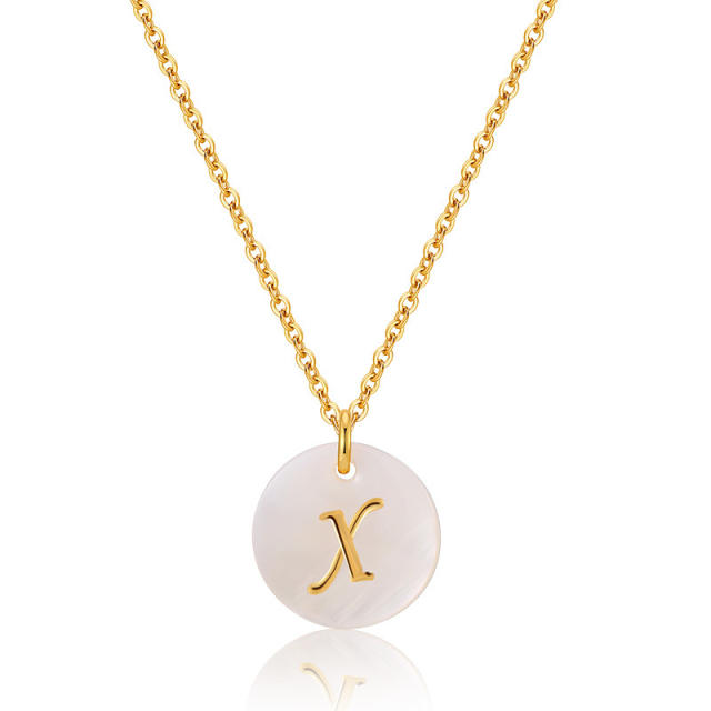 18K gold plated round shell pendant initial letter necklace