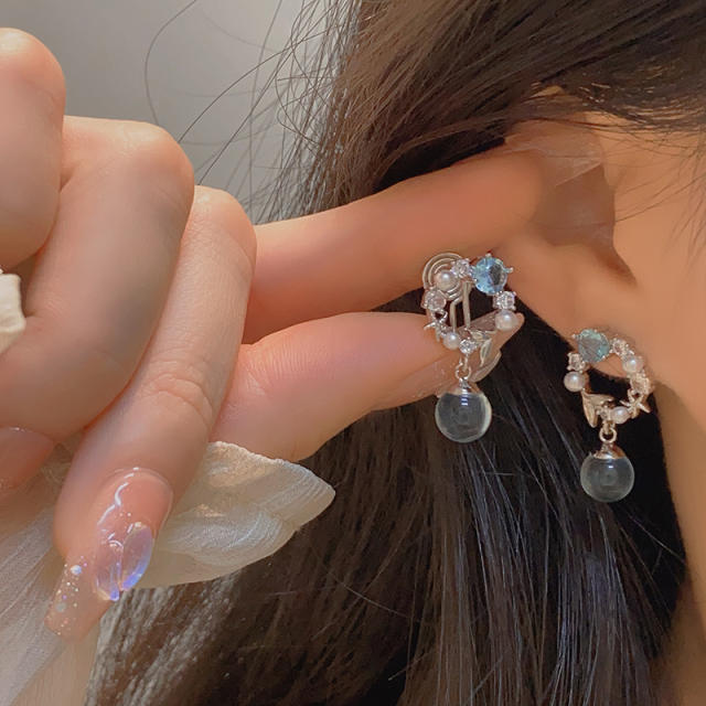 Delicate french trend flower circle ball drop earrings clip on earrings