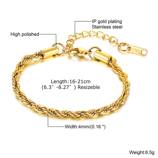 18K rope chain stainless steel bracelet