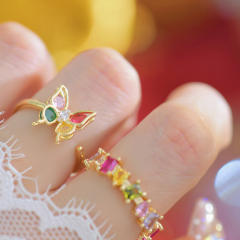 Delicate rainbow cz tiny butterfly women finger rings