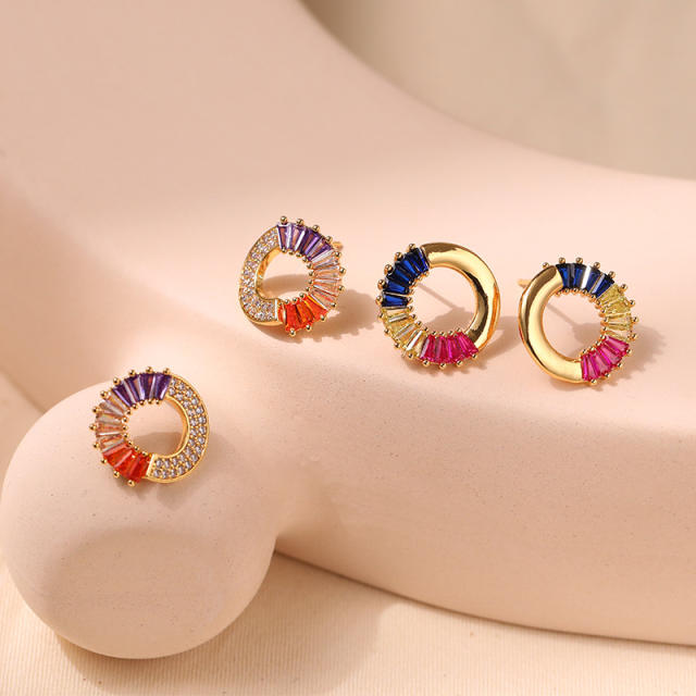 18K real gold plated rainbow cz circle copper studs earrings