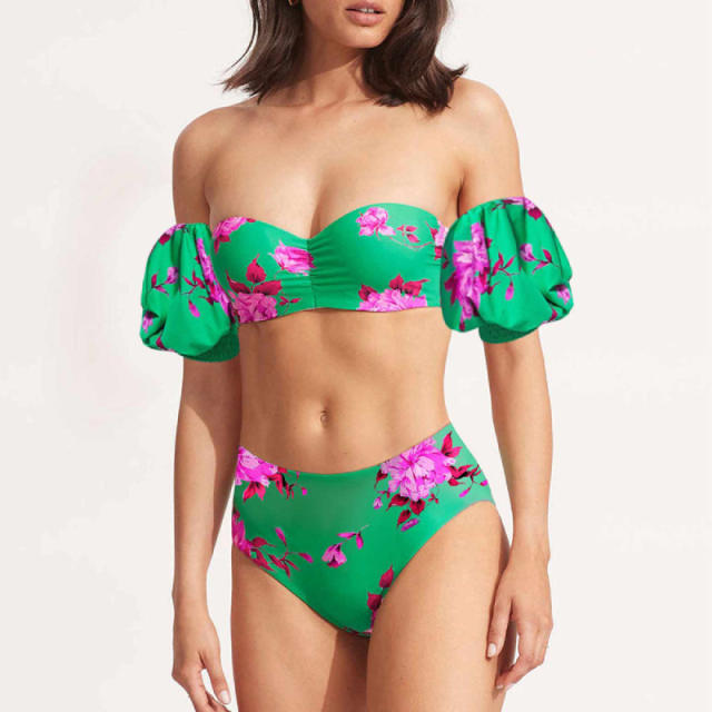 Sweet floral pattern off shoulder swimsuit set