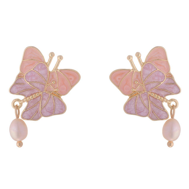 Sweet pink color enamel butterful pearl drop women earrings clip on earrings