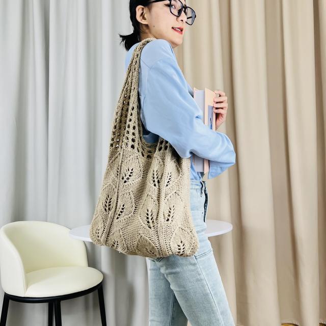 Korean fashion leaf design knitted corchet tote bag beach bag