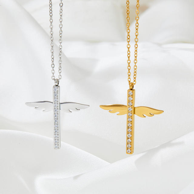 Diamond cross angel wing pendant stainless steel necklace
