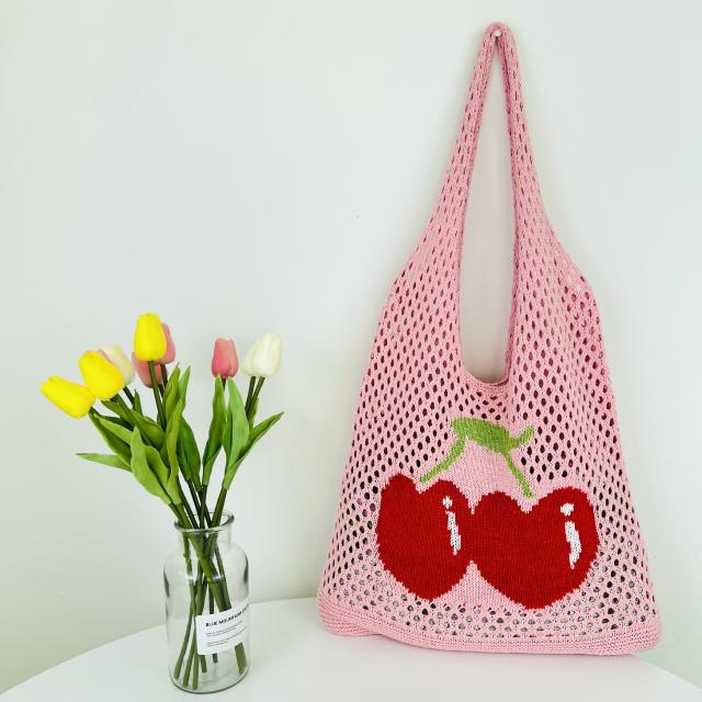 Summer cute cherry knitted corchet women tote bag holiday bag