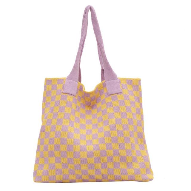 Vintage knitted checkered pattern large storage tote bag