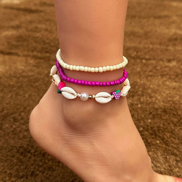 Boho colorful seed bead shell layer anklet