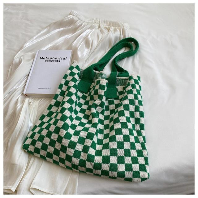 Vintage knitted checkered pattern large storage tote bag