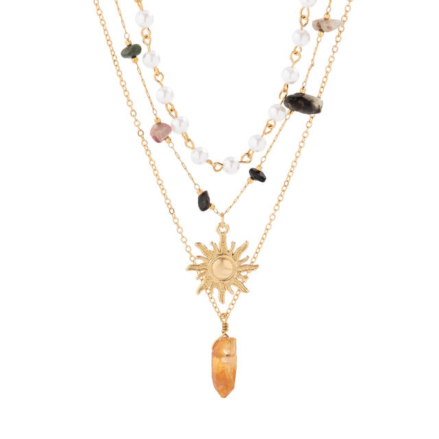 Boho holiday trend sun crystal stone pendant three layer necklace