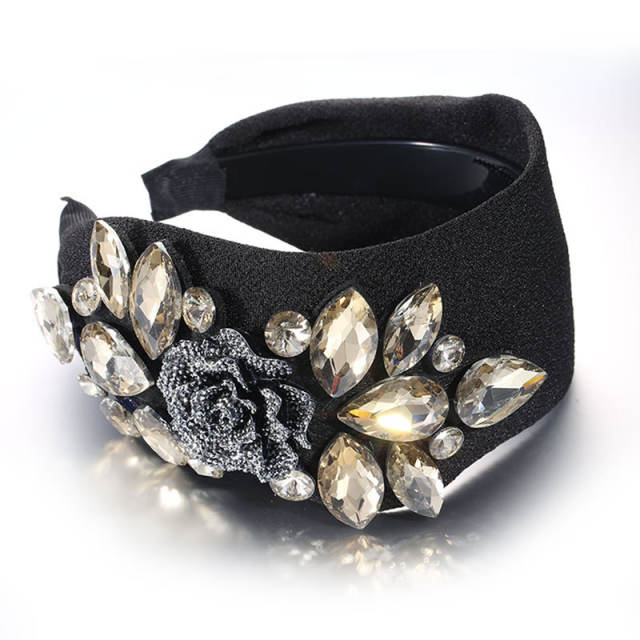 Vintage rose flower glass crystal statement black wide headband