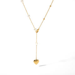 Concise heart pearl bead dainty stainless steel necklace lariats necklace