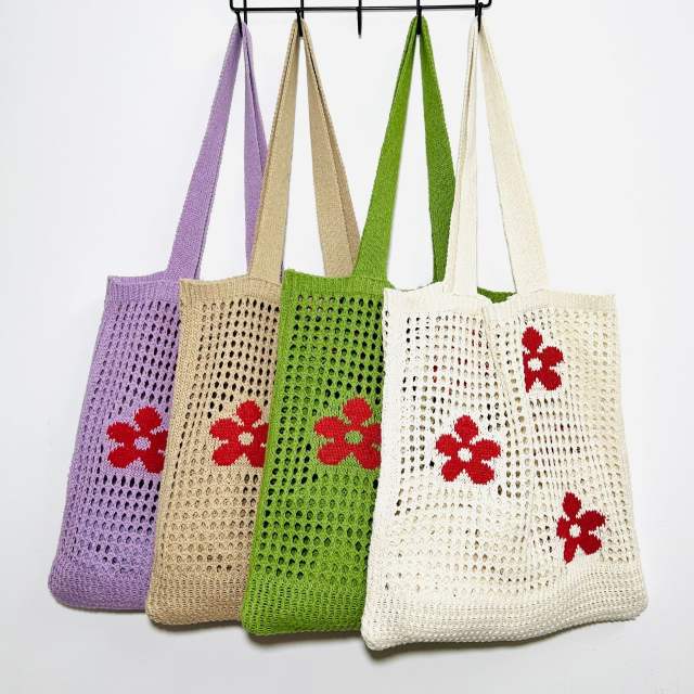 Y2K red color flower knitted corchet tote bag beach bag